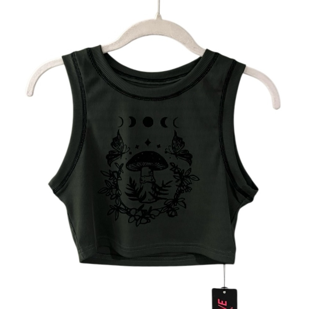 ROMWE Olive Green Moon & Mushroom Crop Tank Top - Picture 3 of 10